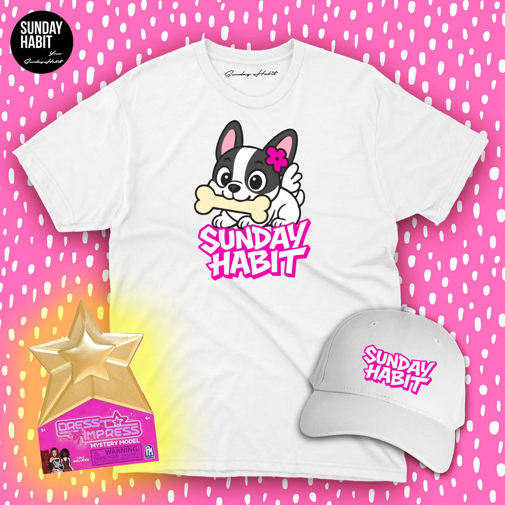 🎀 DRESS TO IMPRESS комплект – мистериозна фигурка + бяла тениска + шапка - Sunday Habit