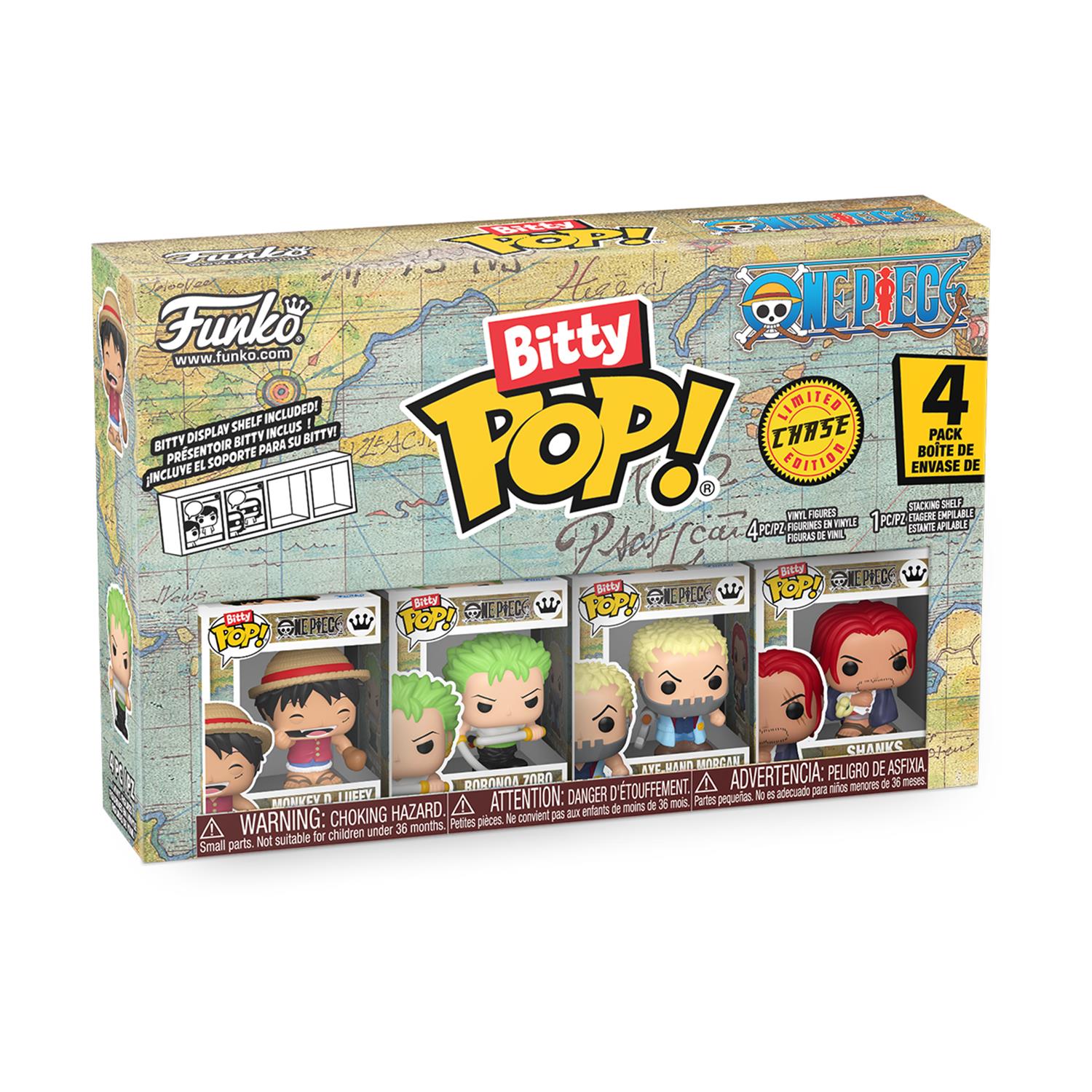 Funko Bitty Pop! 4-Pack: One Piece - Monkey D. Luffy, Roronoa Zoro, Axe-Hand Morgan, Bitty Pop! Chase Vinyl Figures
