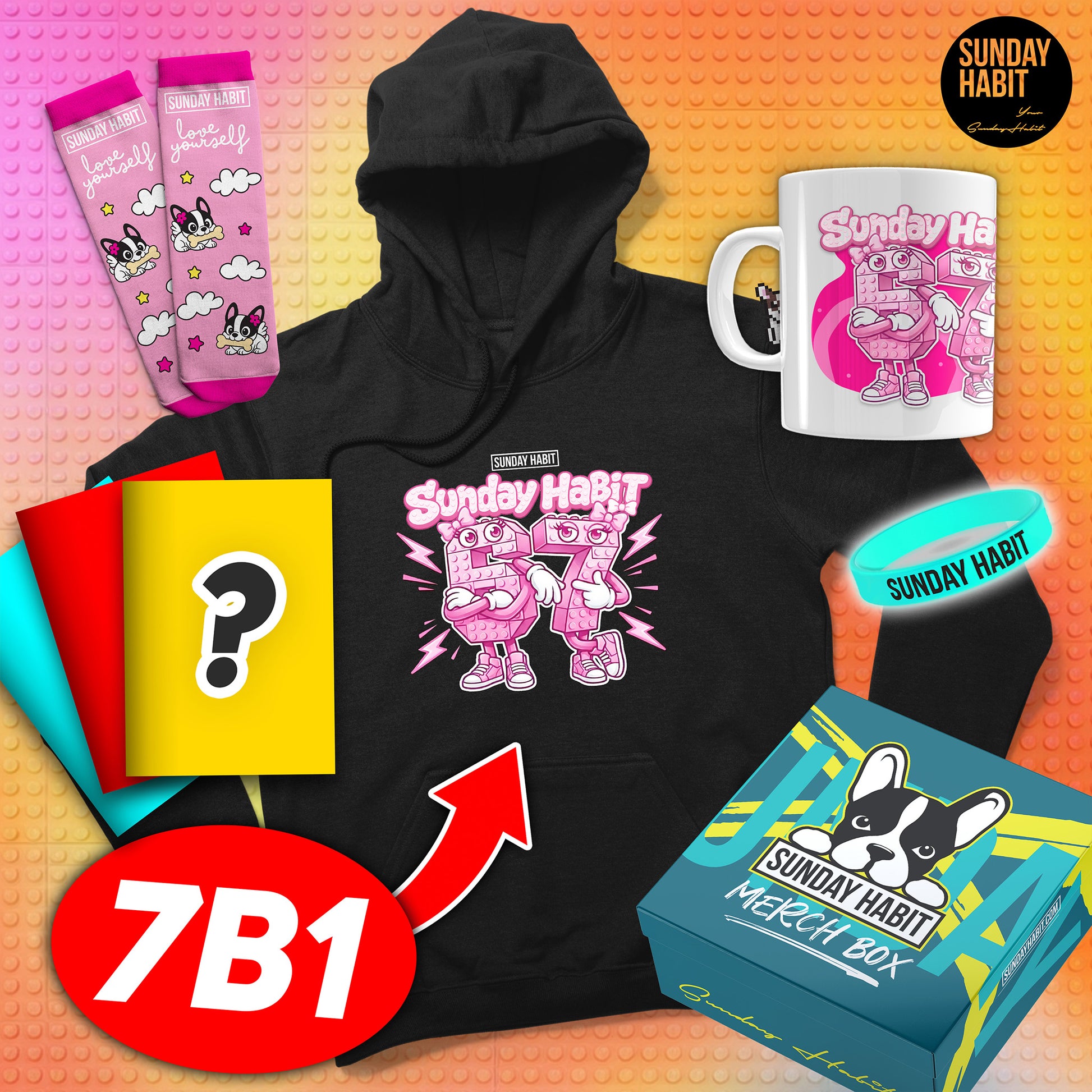 7в1 6-7 Комплект РОЗОВ ЦВЯТ - худи + чорапи + чаша + 3 тетрадки + светеща гривна + подаръчна кутия - Sunday Habit