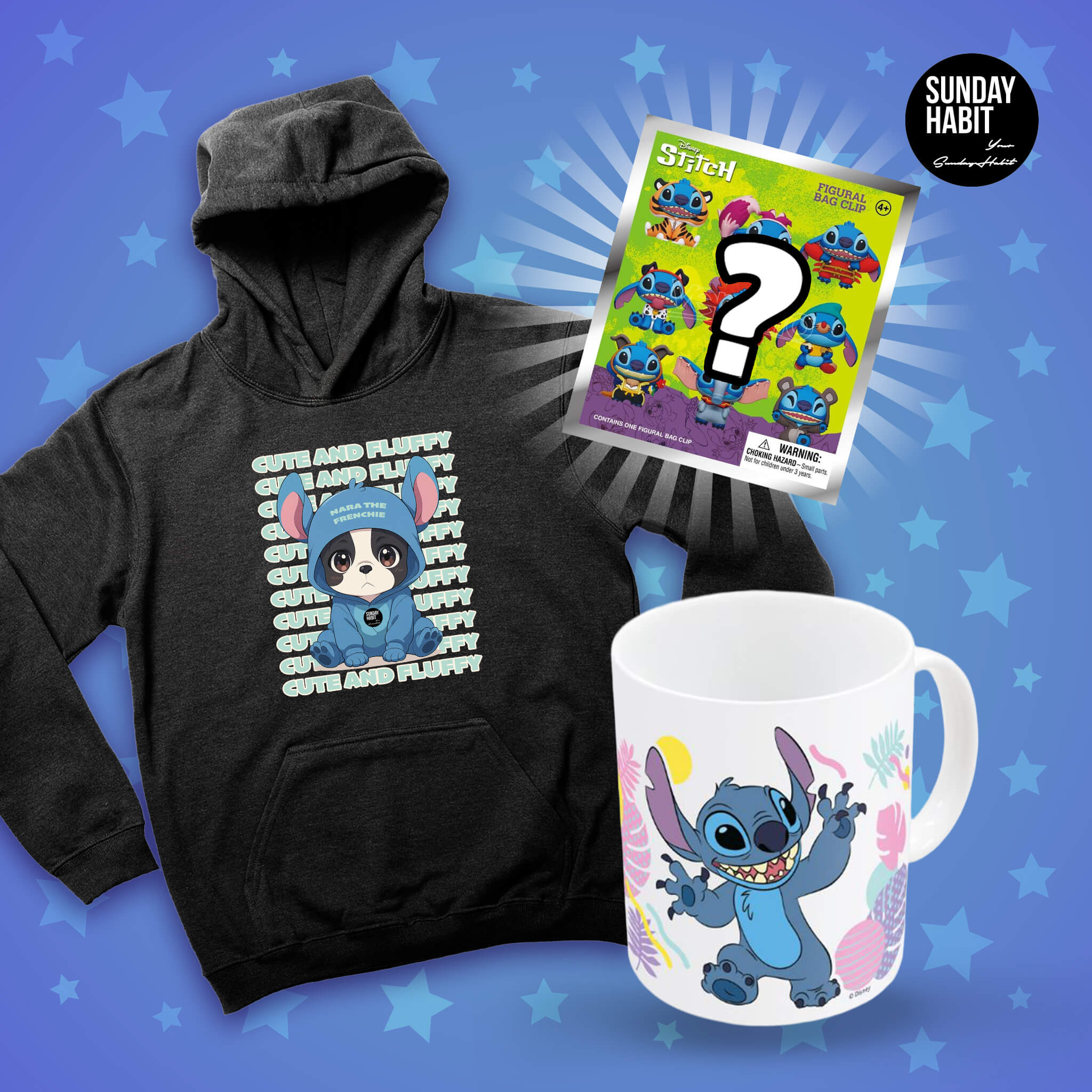 3в1 Коледен Комплект СТИЧ мистери фигурка, СТИЧ чаша + Sunday Habit CUTE Суичър