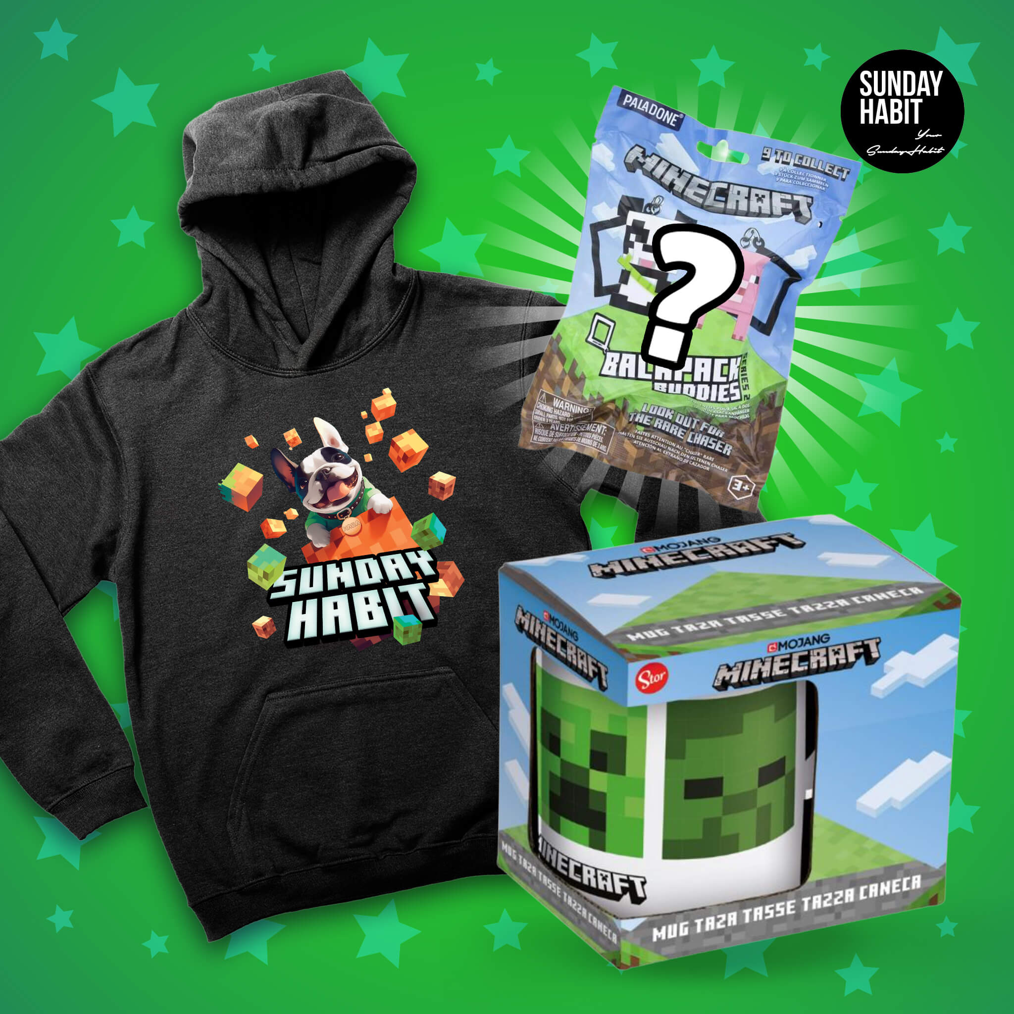 3в1 Коледен Комплект МАЙНКРАФТ мистери фигурка, МАЙНКРАФТ чаша + Sunday Habit Суичър