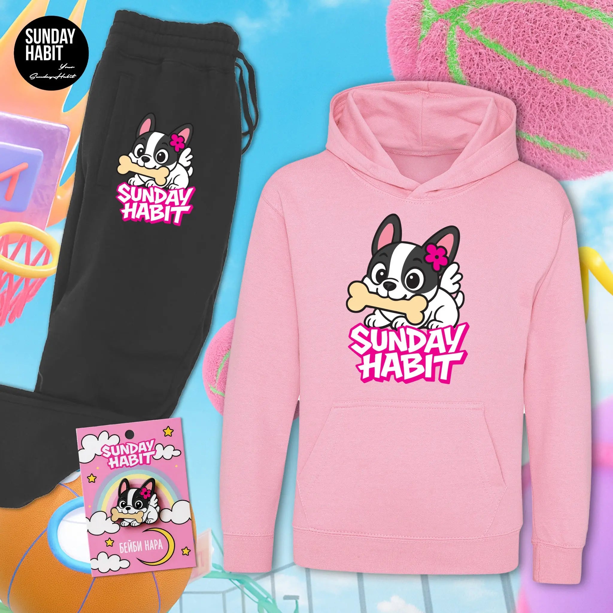 BABY NARA EСЕНЕН КОМПЛЕКТ /-40% отстъпка/ – розово худи + черно долнище + значка Sunday Habit