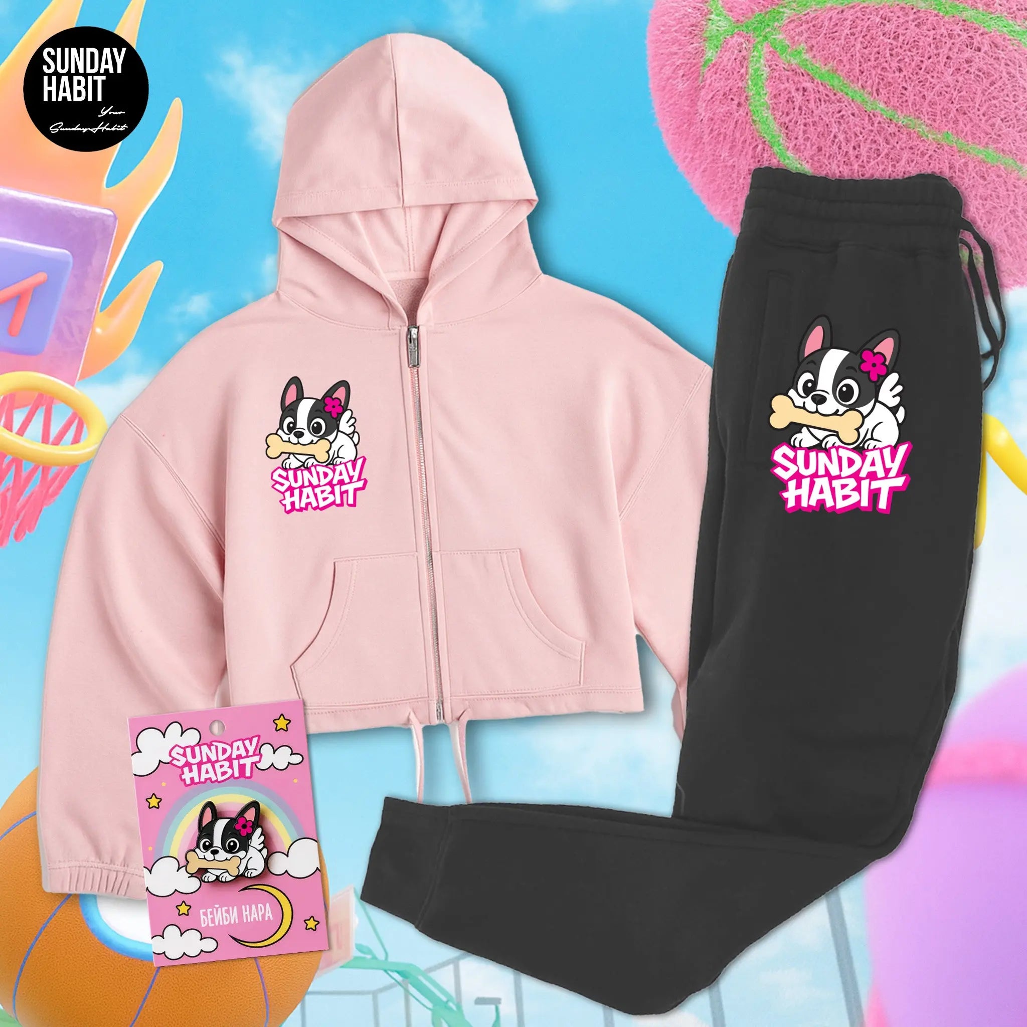 💕 CUTE & COMFY SET – BABY NARA – розово худи с цип + черно долнище + значка Sunday Habit