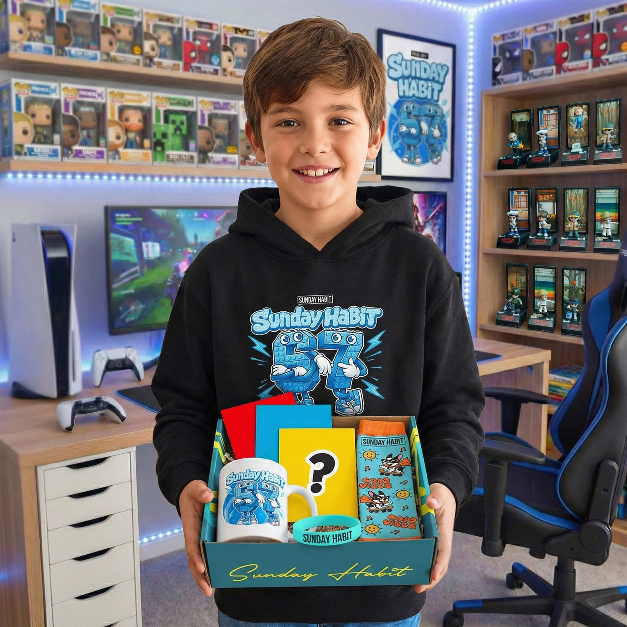 7в1 6-7 Комплект СИН ЦВЯТ - худи + чорапи + чаша + 3 тетрадки + светеща гривна + подаръчна кутия - Sunday Habit