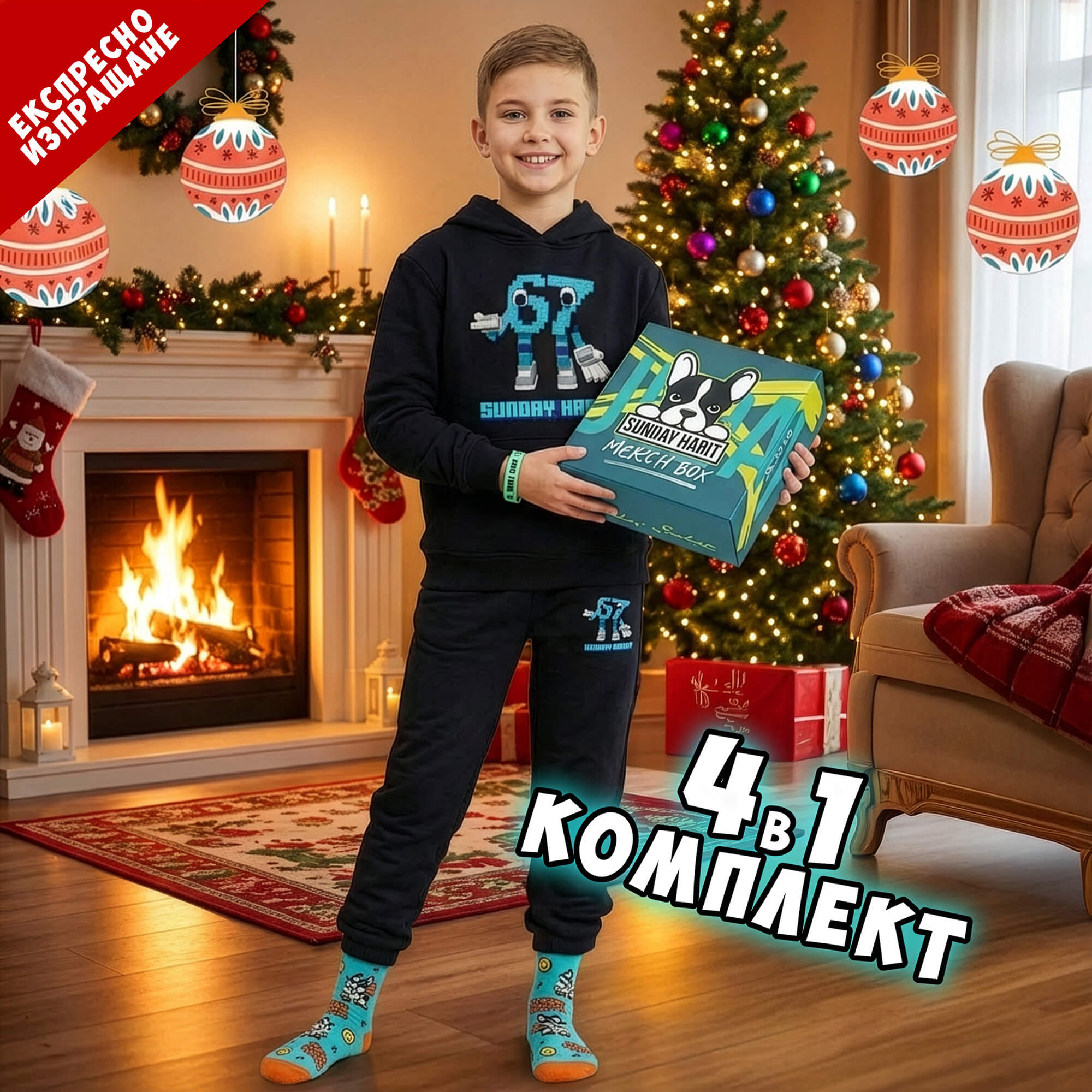 4в1 67 Коледен Комплект с долнище СИН ЦВЯТ - Суичър, ватирано долнище, чорапи и светеща гривна в КОЛЕДНА КУТИЯ