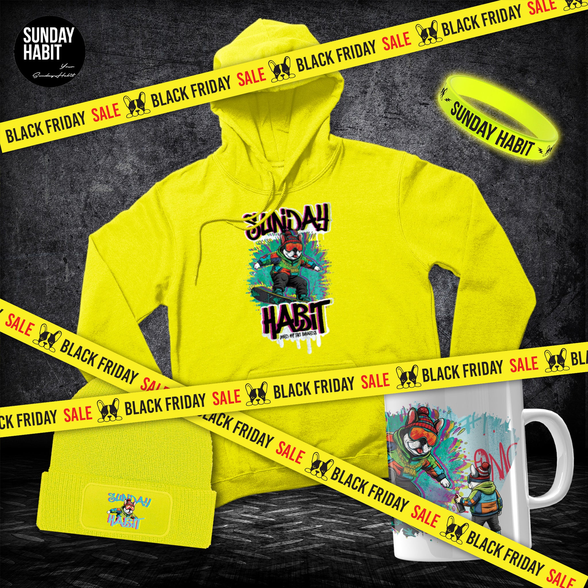 BLACK FRIDAY НЕОНОВ КОМПЛЕКТ - жълто неоново худи + неонова шапка + чаша + светеща гривна