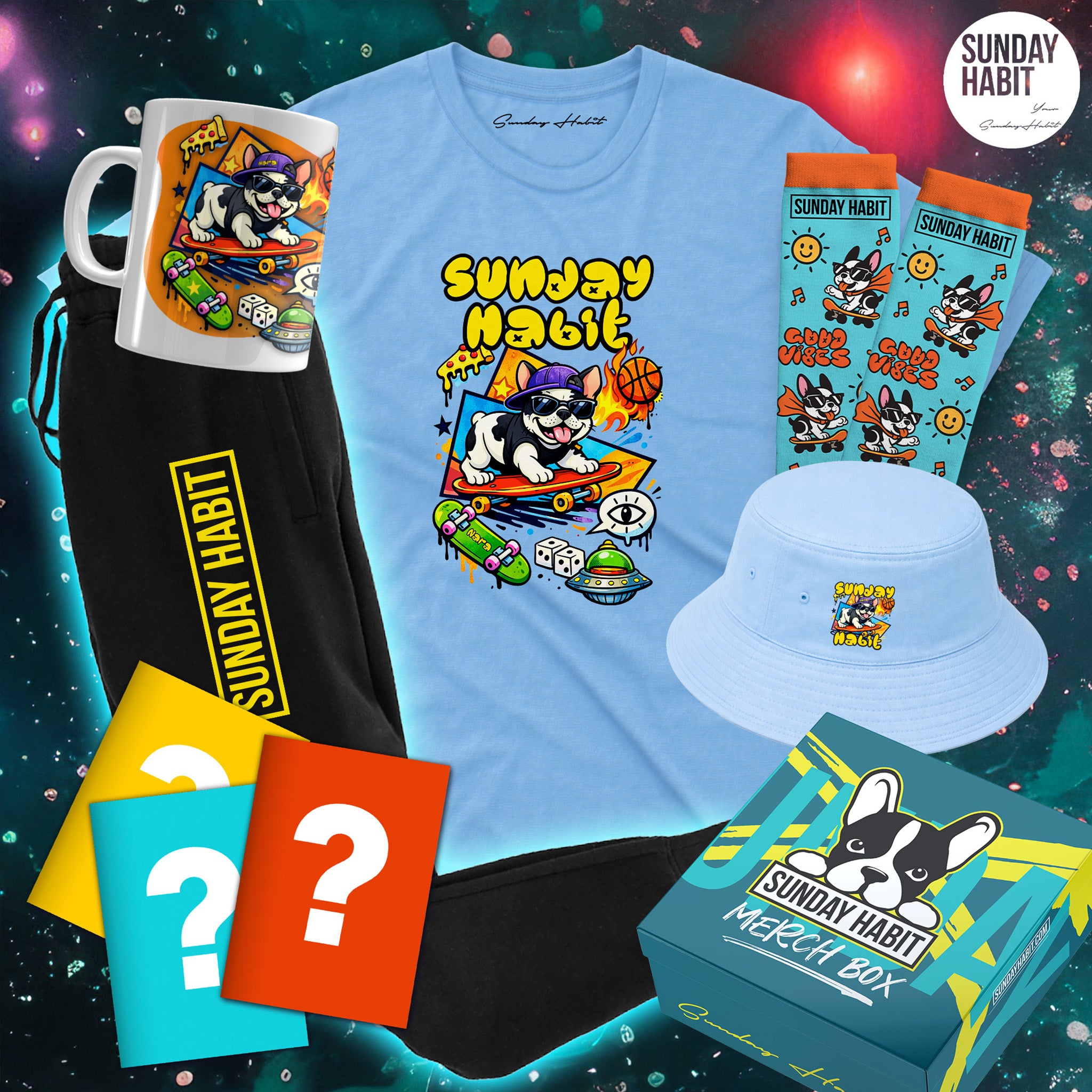 🛹 ОФЕРТА НА ДЕНЯ - светлосиня тениска + долнище + шапка + чаша + чорапи + 3 тетрадки + подаръчна кутия