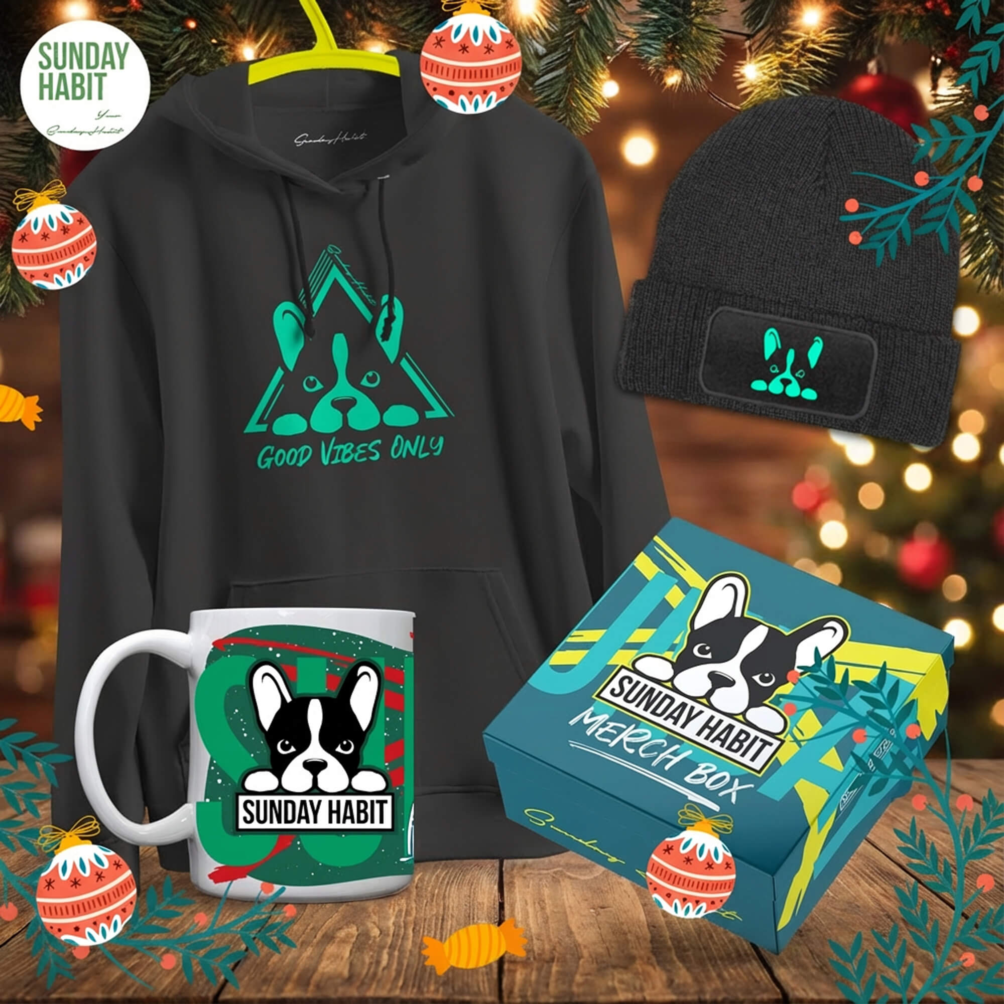 3в1 Коледен Комплект NARA - Суичър и шапка със светеща щампа + коледна чаша