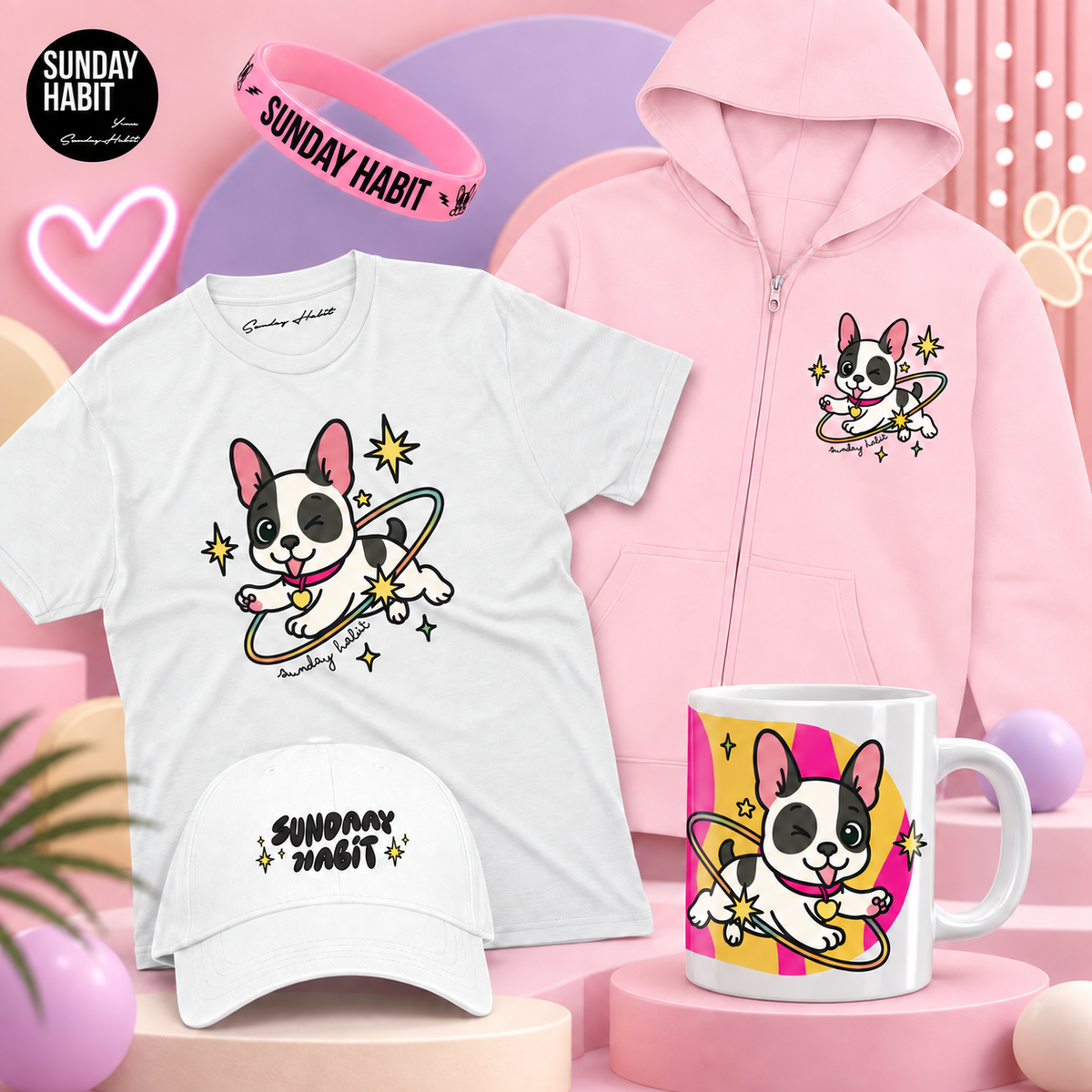 SCHOOL SALE MEGA GIRL КОМПЛЕКТ - розово худи с цип + бяла тениска + бяла шапка + чаша + светеща гривна