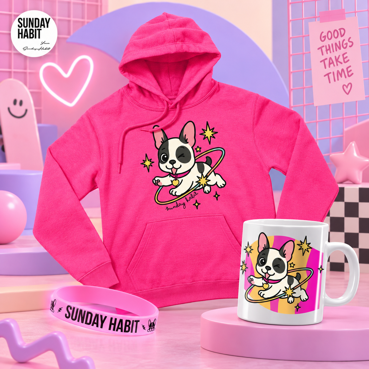 SCHOOL SALE PINK NEON - розово неоново худи + чаша + светеща гривна