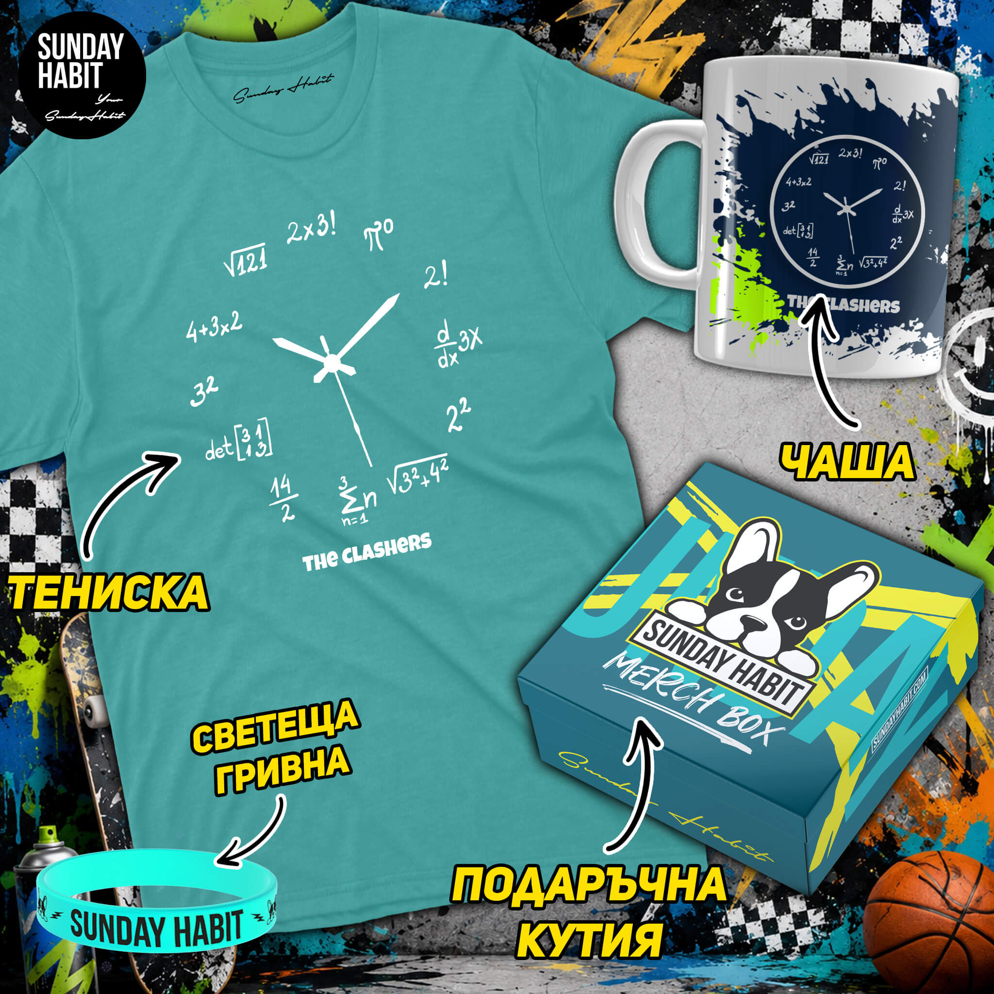ПОДАРЪЧЕН КОМПЛЕКТ THE CLASHERS - dusty blue тениска + чаша + светеща гривна + подаръчна кутия - Sunday Habit