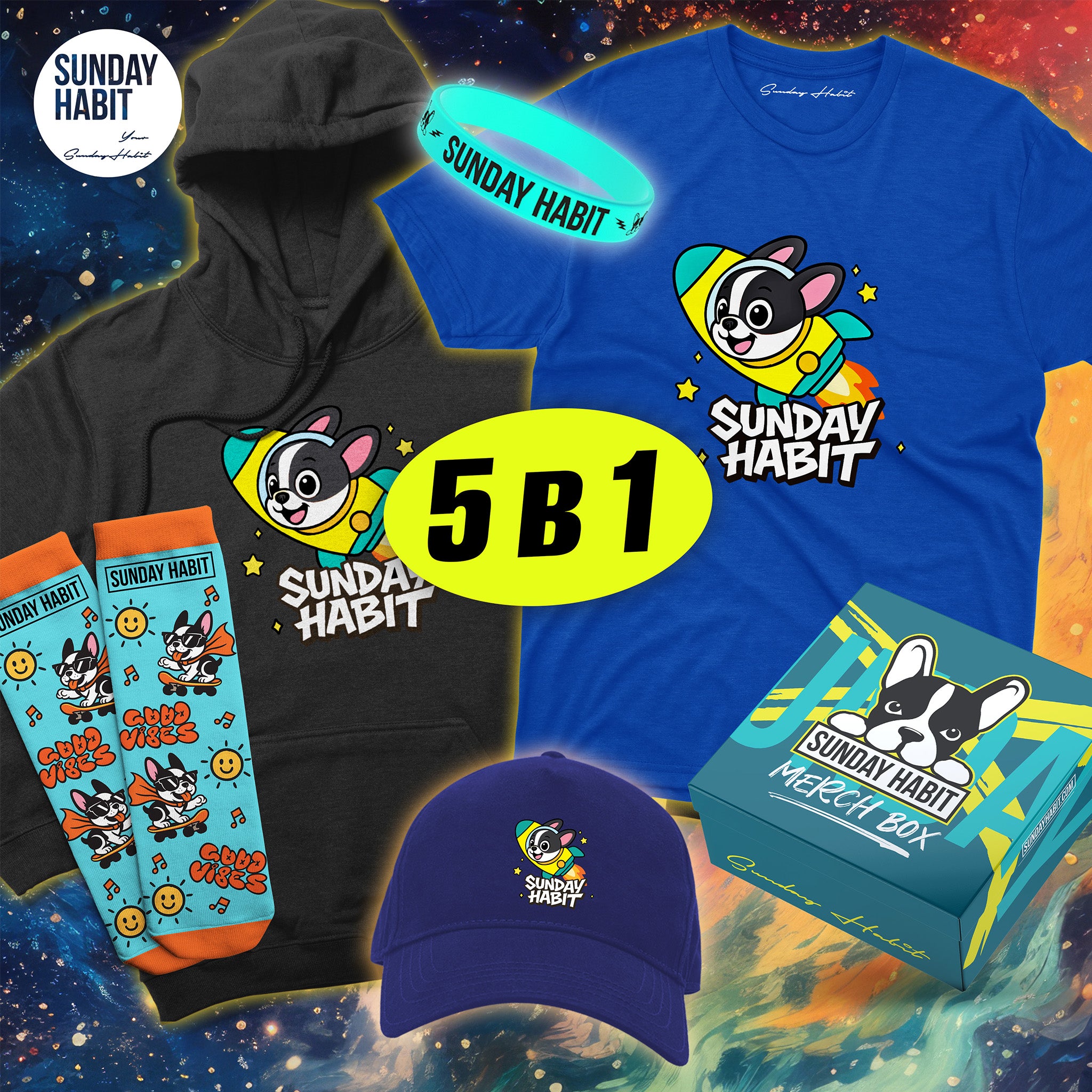 🤖 ТОП ОФЕРТА ЗА МОМЧЕ - худи + синя тениска + синя шапка + чорапи + светеща гривна + подаръчна кутия - Sunday Habit