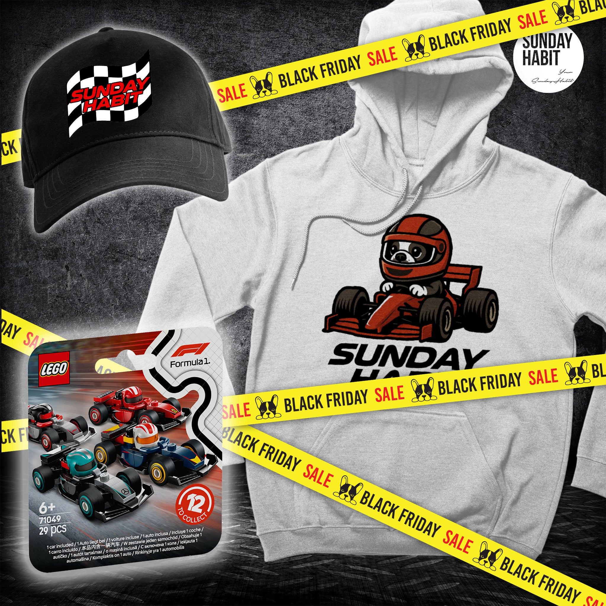 BLACK FRIDAY RACER КОМПЛЕКТ - бяло худи + LEGO F1 минифигурка + черна шапка - Sunday Habit