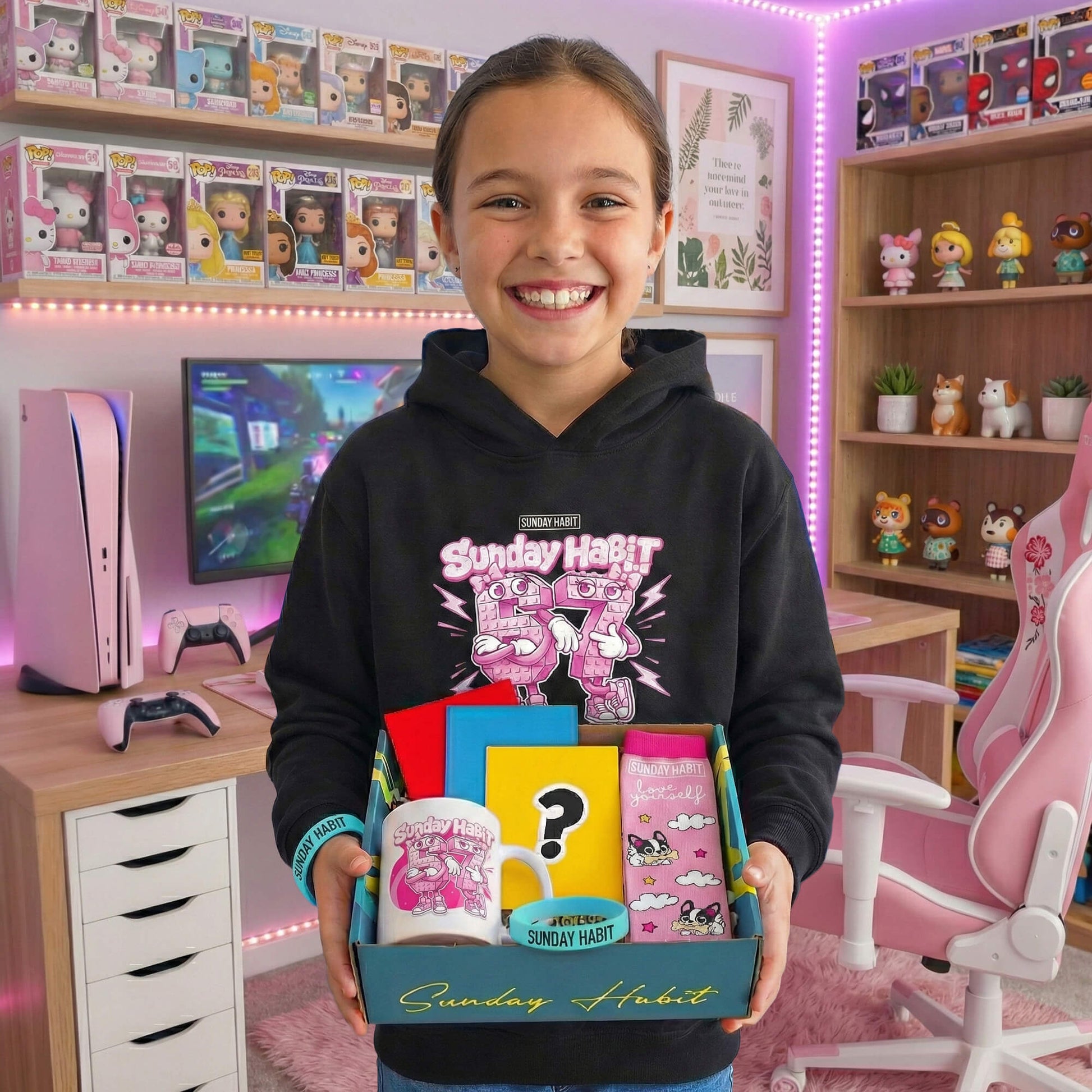 7в1 6-7 Комплект РОЗОВ ЦВЯТ - худи + чорапи + чаша + 3 тетрадки + светеща гривна + подаръчна кутия - Sunday Habit