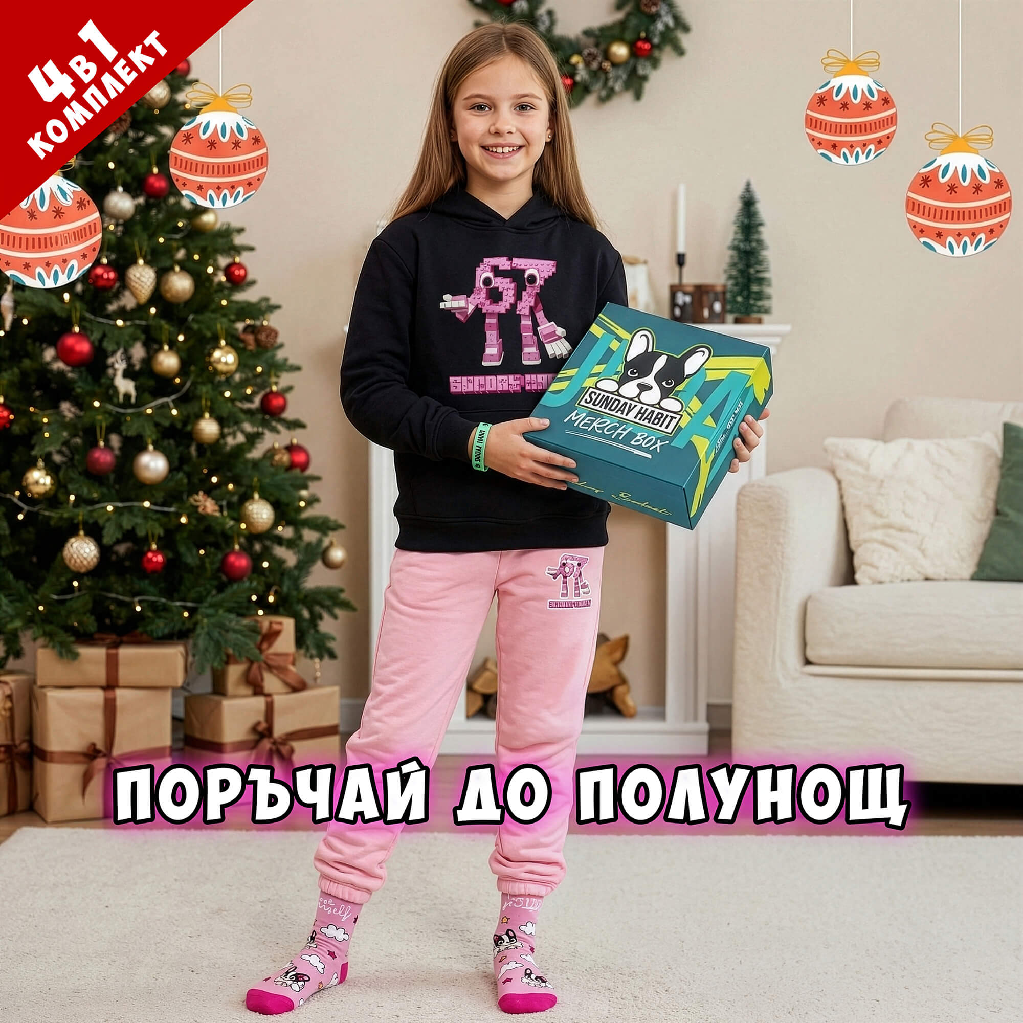 4в1 67 Розов Коледен Комплект с долнище за МОМИЧЕ - Суичър, розово долнище, чорапи и светеща гривна в КОЛЕДНА КУТИЯ