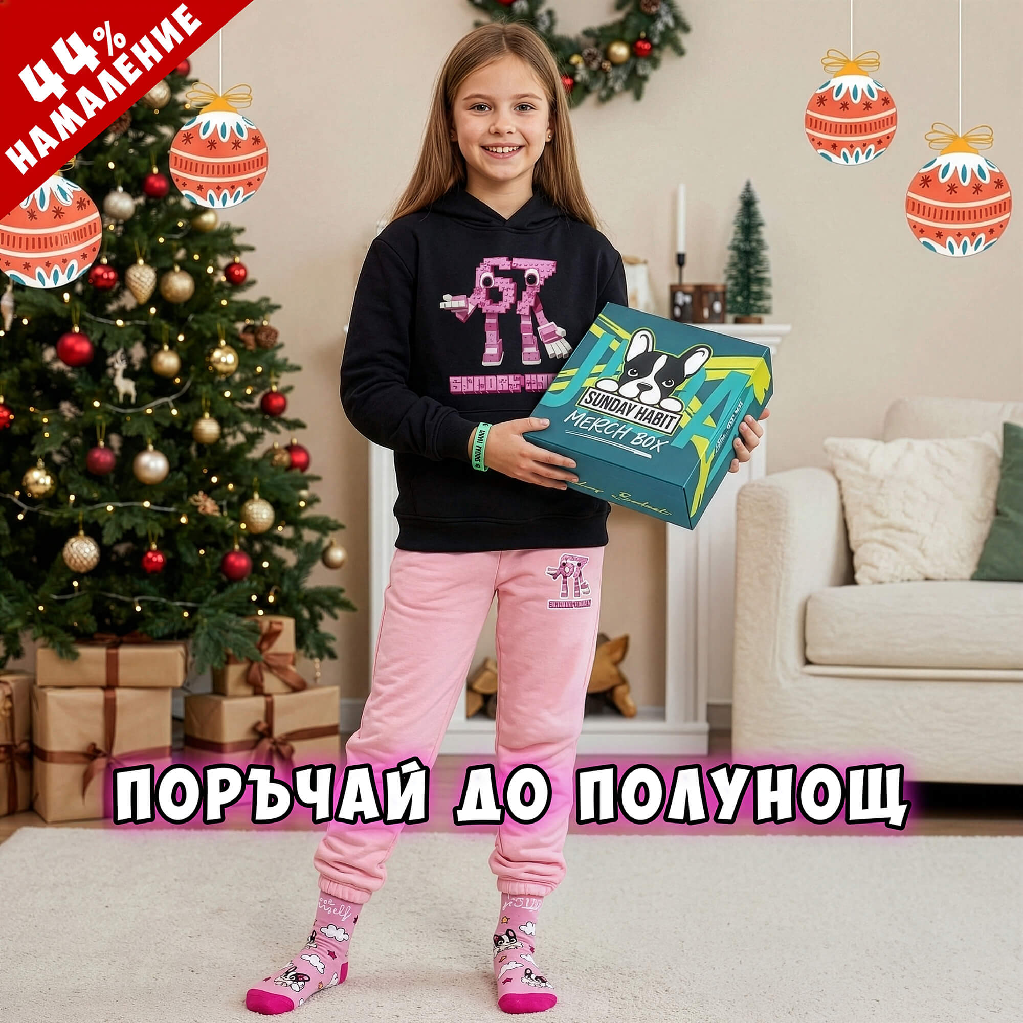 4в1 67 Розов Коледен Комплект с долнище за МОМИЧЕ - Суичър, розово долнище, чорапи и светеща гривна в КОЛЕДНА КУТИЯ