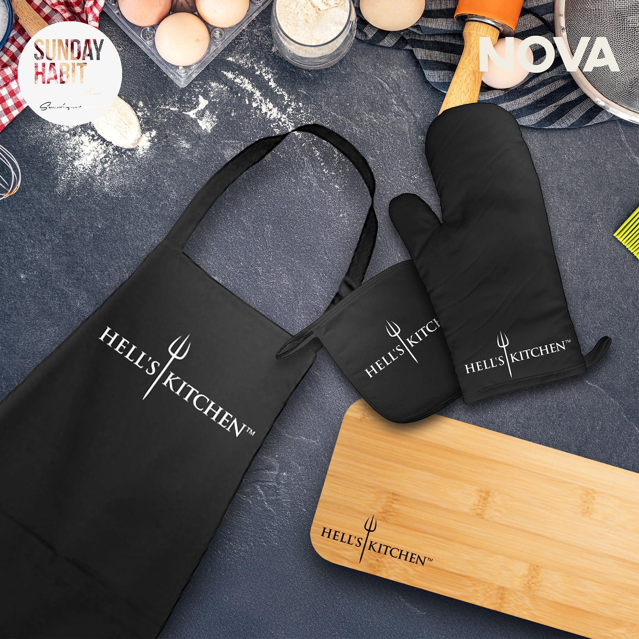 Hell's Kitchen - Престилка за готвене + гравирана дъска + ръкавица и ръкохватка