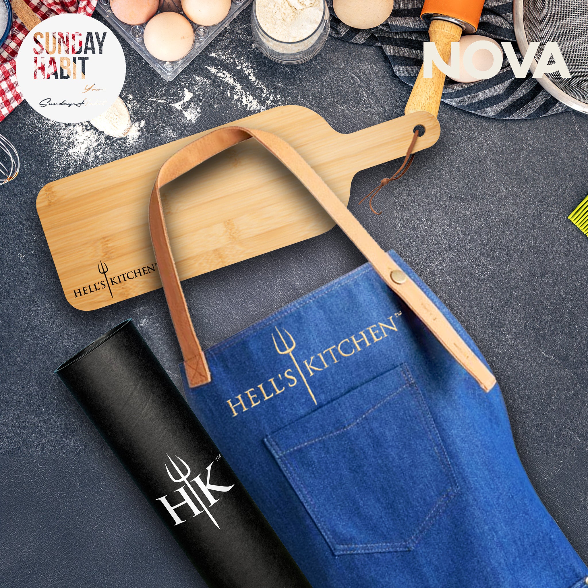 Hell's Kitchen - Премиум бродирана престилка за готвене + гравирана дъска + специална тубусна опаковка