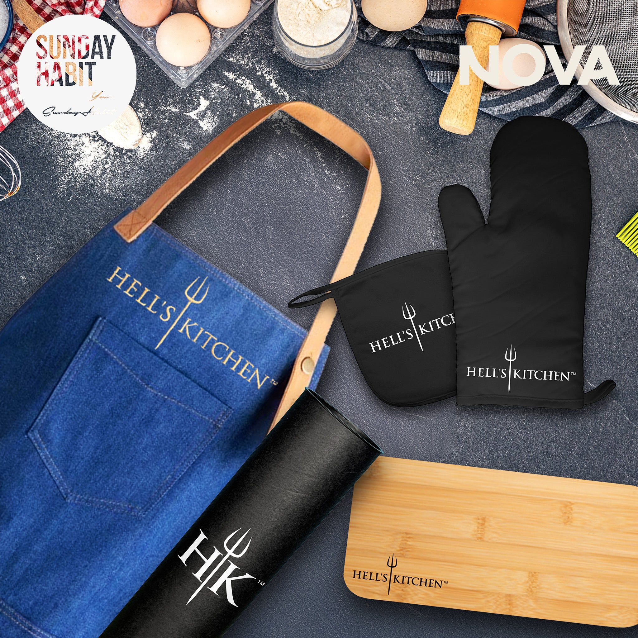 Hell's Kitchen - премиум престилка за готвене с бродерия + гравирана дъска + ръкавица и ръкохватка + специална тубусна опаковка