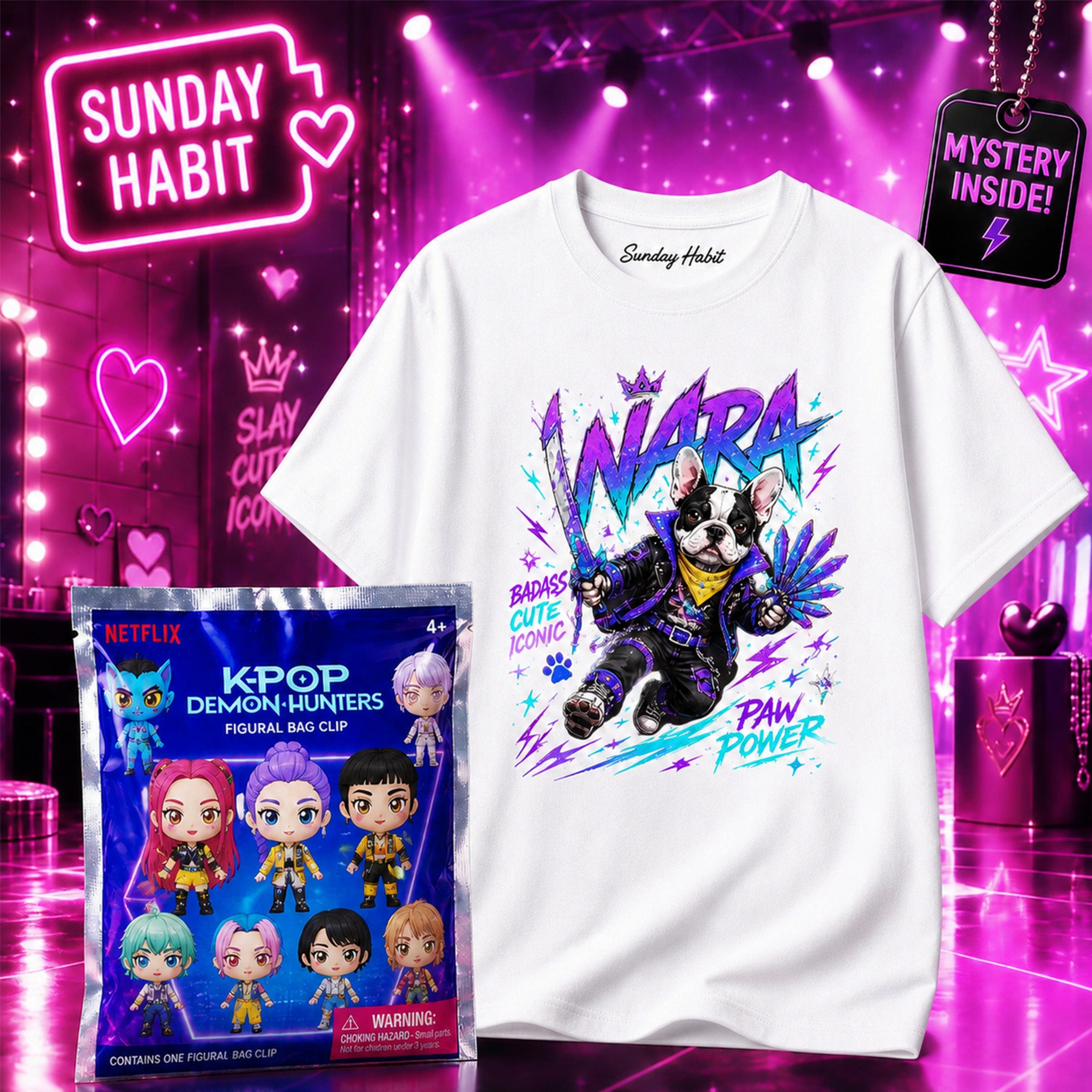 K-POP DEMON HUNTERS КОМПЛЕКТ /2/ - мистериозен ключодържател + бяла тениска (версия 2) - Sunday Habit