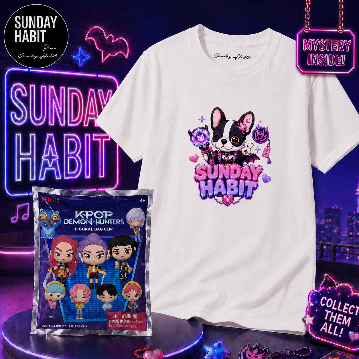K-POP DEMON HUNTERS КОМПЛЕКТ - мистериозен ключодържател + бяла тениска - Sunday Habit