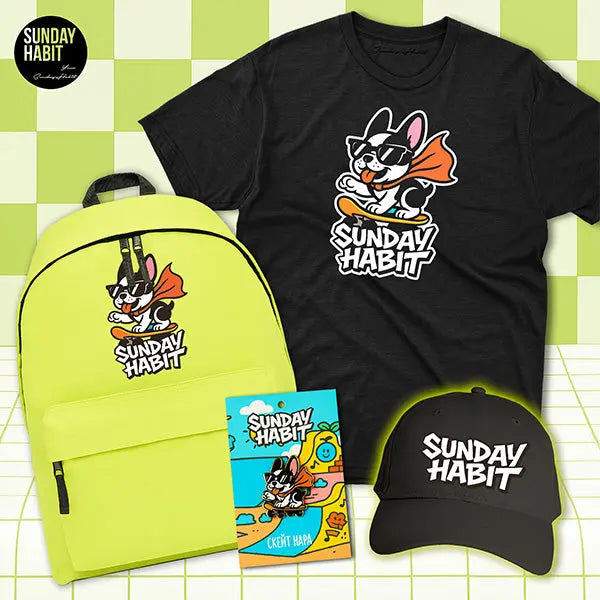 🛹 SKATE SCHOOL BUNDLE – флуоресцентна жълта раница + черна тениска + черна шапка + значка Sunday Habit