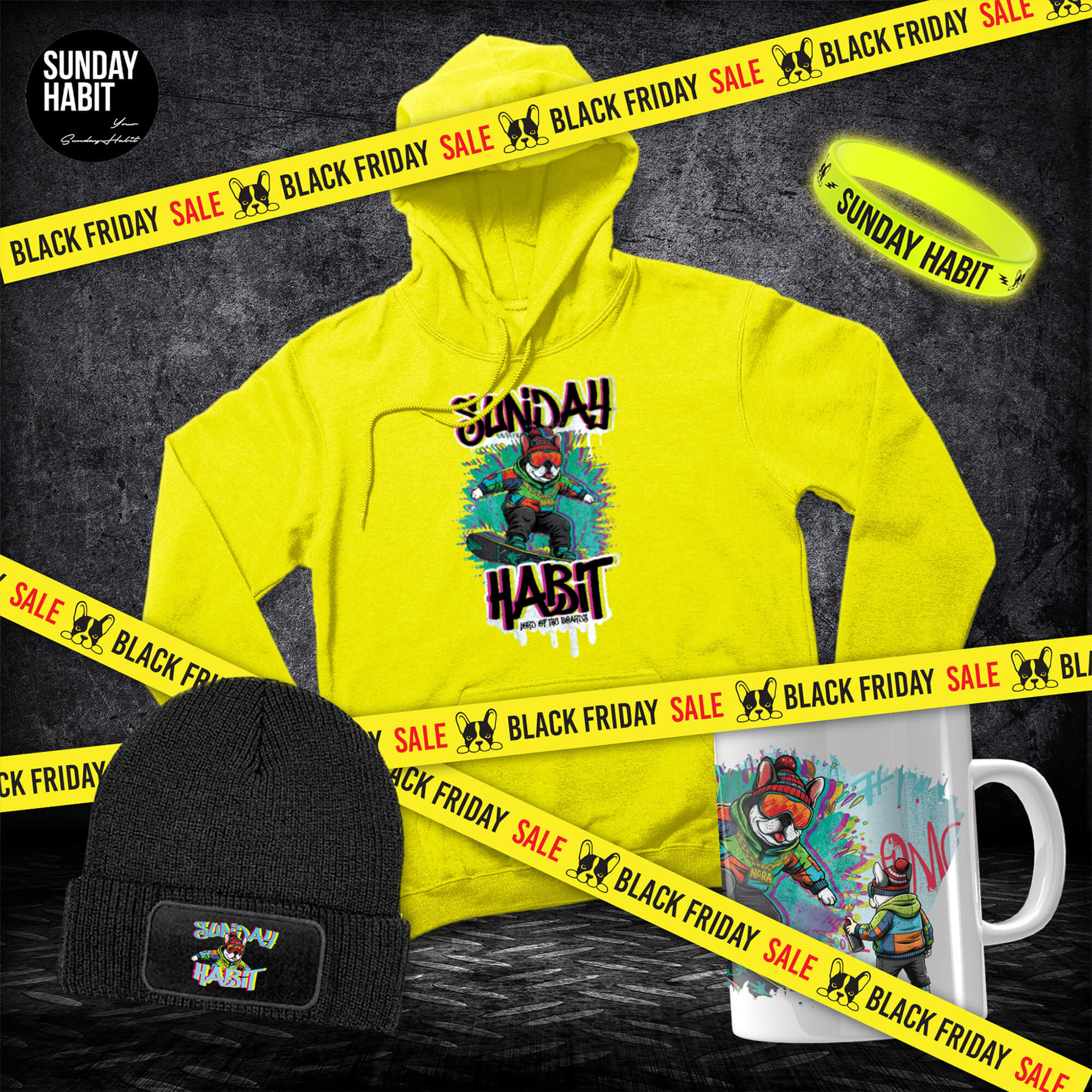 BLACK FRIDAY НЕОНОВ КОМПЛЕКТ - жълто неоново худи + неонова шапка + чаша + светеща гривна