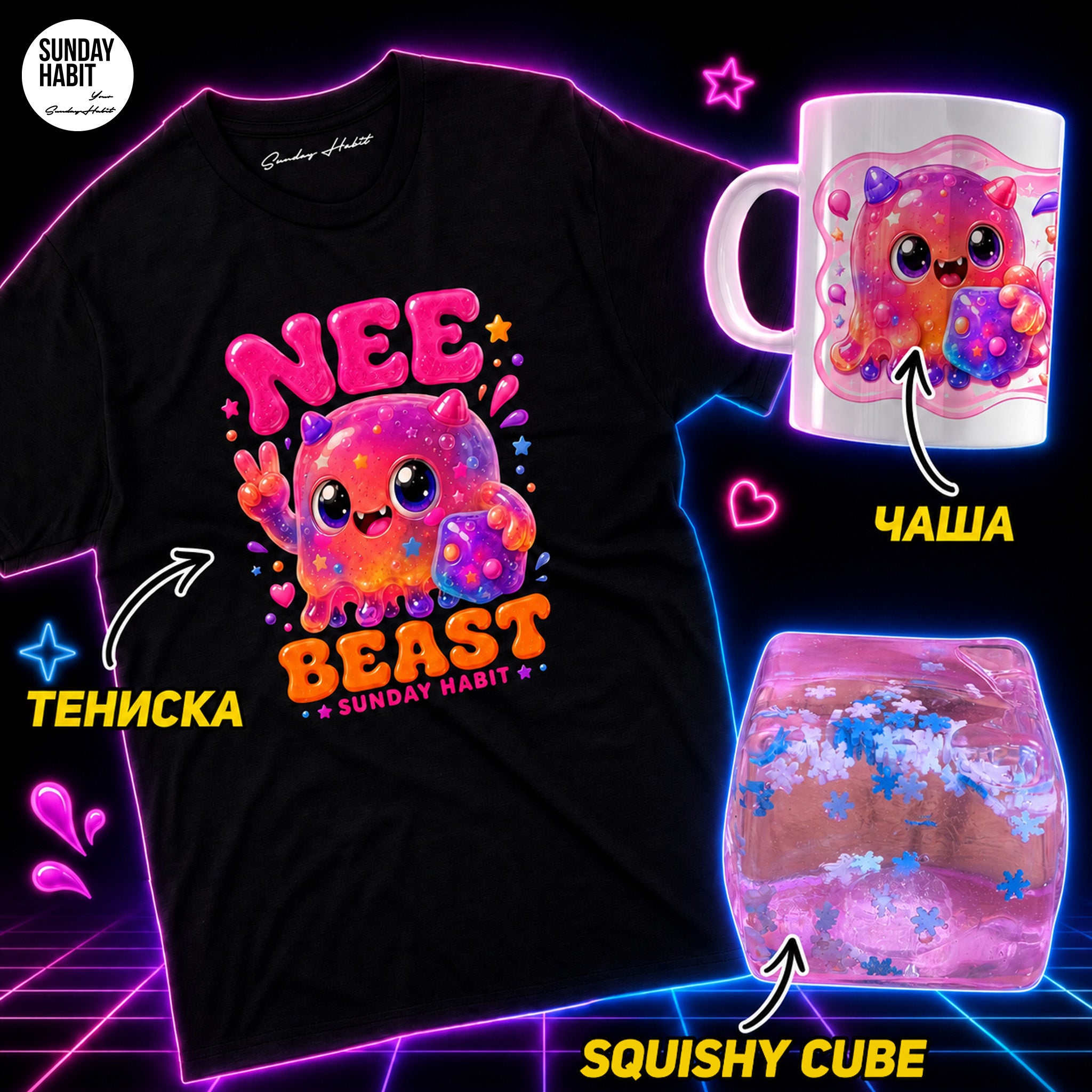 SQUISHY CUBE КОМПЛЕКТ - черна тениска + Squishy cube + чаша