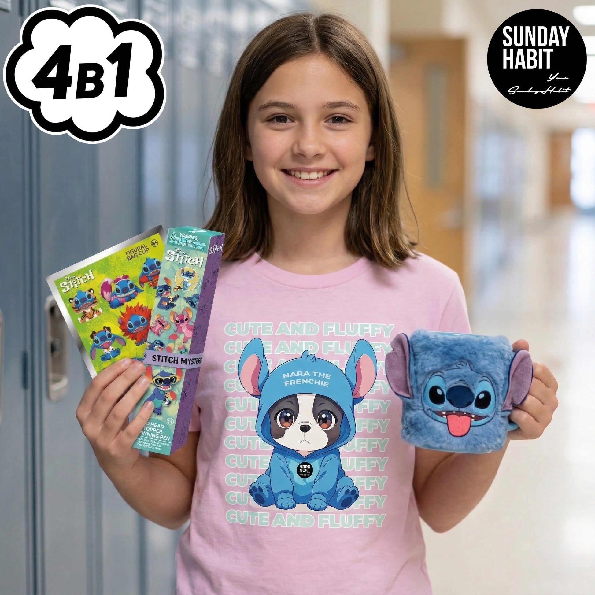 STITCH КОМПЛЕКТ - мистериозен ключодържател + пухкава чаша + 3D химикал + тениска - Sunday Habit