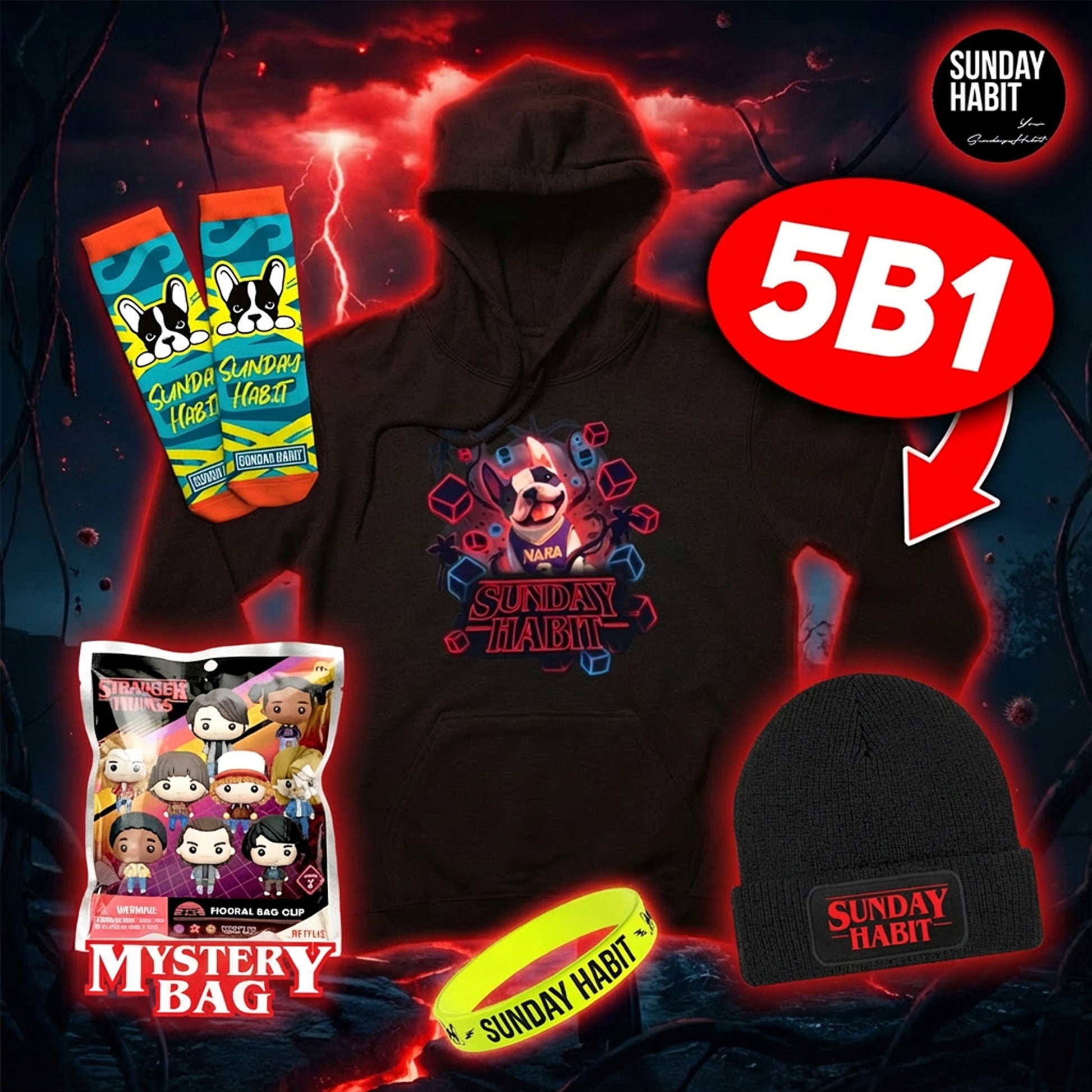 5в1 комплект STRANGER THINGS мистериозна фигурка + черно худи + чимна шапка + чорапи + светеща гривна - Sunday Habit