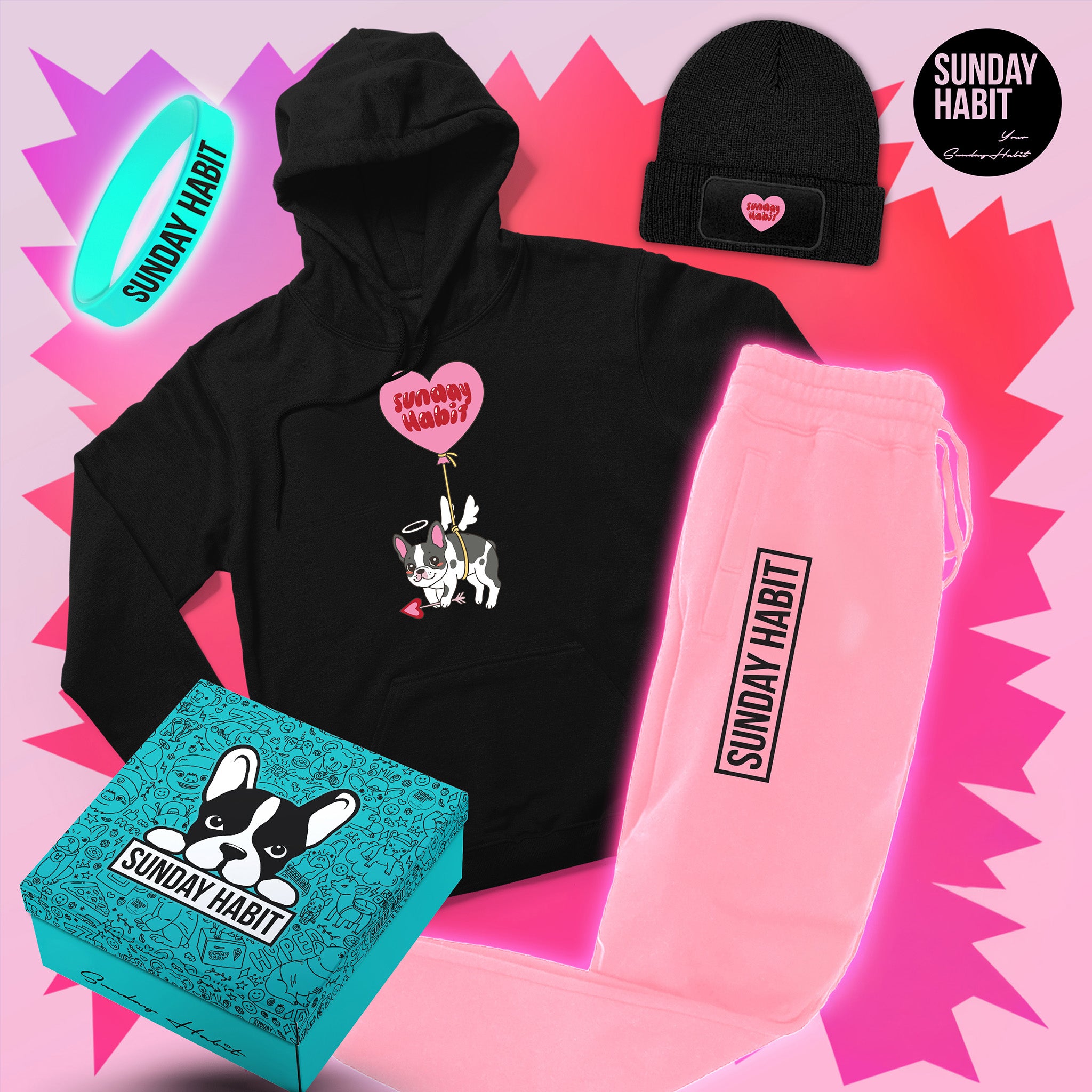 🩷 СВ. ВАЛЕНТИН МЕГА КОМПЛЕКТ PINK - худи + розово долнище + шапка + светеща гривна + подаръчна кутия - Sunday Habit